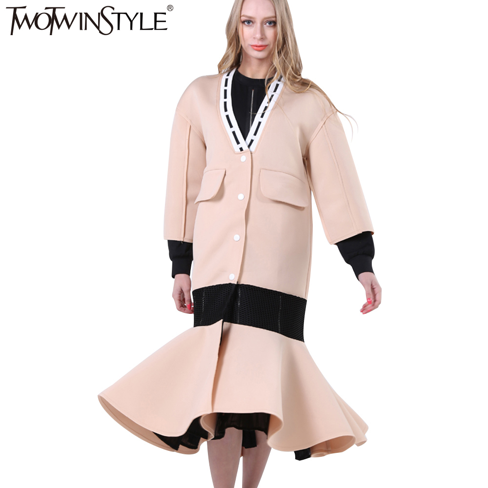 TWOTWINSTYLE Streetwear Long Trench Coat For Women Windbreaker Autumn Vneck Fishtail Hem Seethrough Grid Fashion 201030