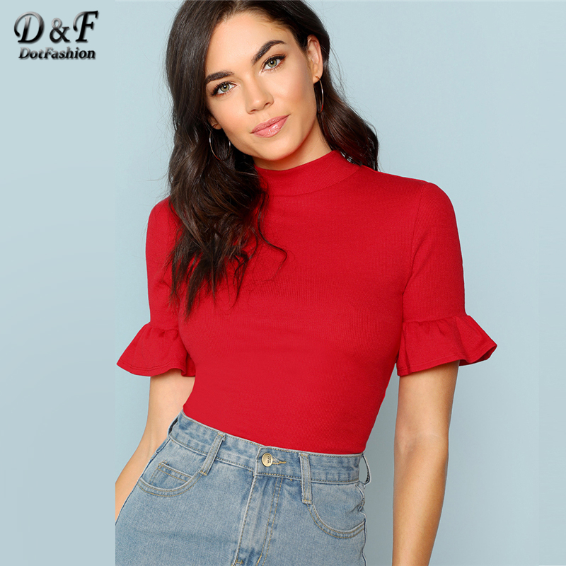 

Dotfashion Red Flounce Sleeve Mock Neck Ruffle Cuff Tee Summer Stand Collar Short Sleeve Tops Women Plain Casual T-Shirt Y200110