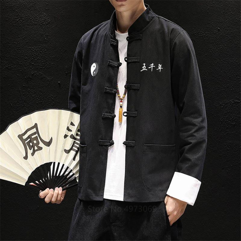 Ethnic Clothing Men Clothings 2021 Chinese Traditional Style Top Solid Color Retro Tai Chi Uniform Hanfu Fashion Autumn Tang Shirt