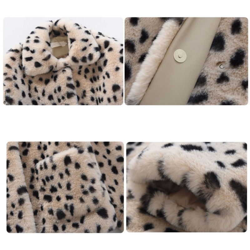 PERHAPS U Women Beige Faux Fur Coat Outwear Button Warm Thick Turn Down Collar Pocket Leopard C0368 201215