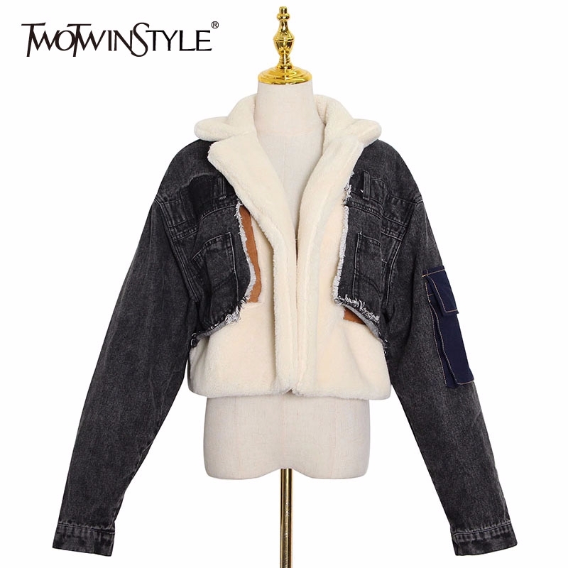 TWOTYLE Patchowrk Denim Lambswool Jacket Women Lapel Long Sleeve Thick Coat Tops Female Winter Casual Fashion Big Size 201017