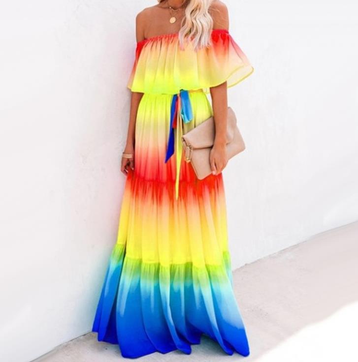 Women's Elegant Off Shoulder Summer Ruffle Beach Maxi Dress Rainbow Pleated Casual Long Dresses Full Length S-2XL