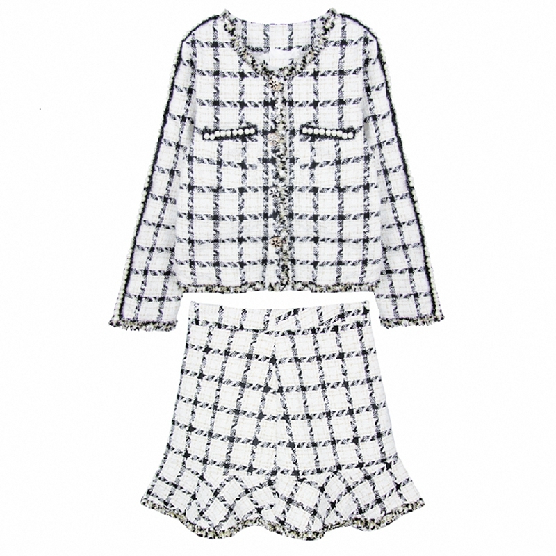 High Quality New Tweed Skirt Set Autumn Winter Runway Woolen Women 2 Piece Set Plaid Jacket Coat Mermaid Mini Skirt Suits 201102