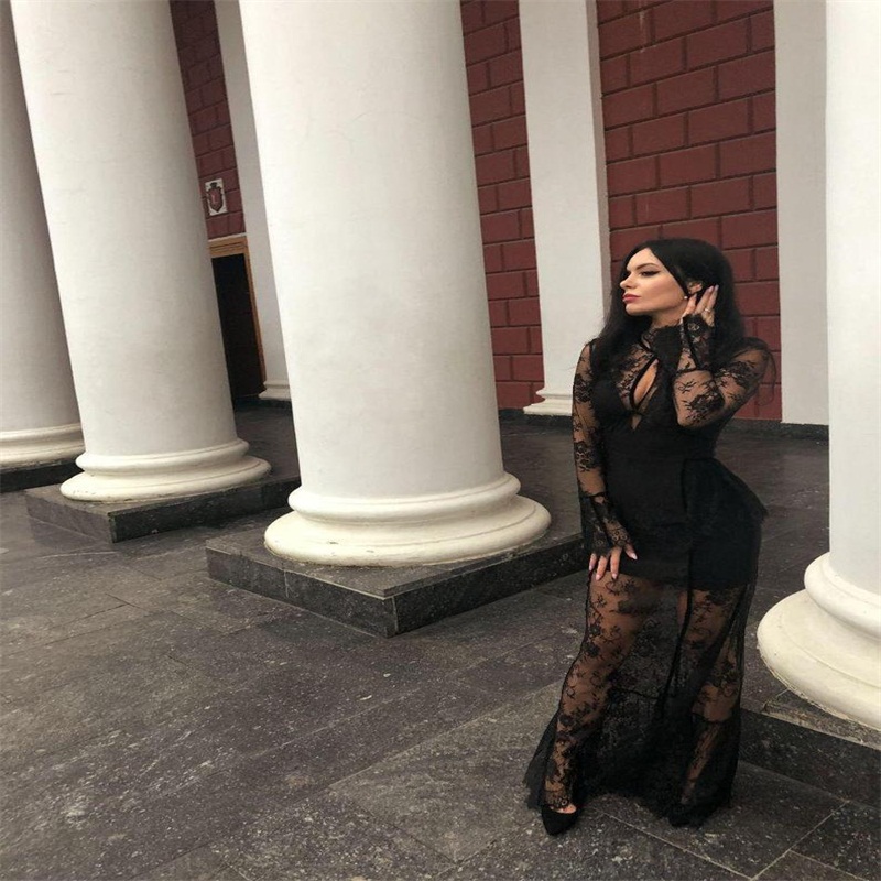 2 Piece Design Evening Dresses High Neck Long Sleeve Full Lace Mermaid Prom Dress Sexy Hollow Sweep Train Custom Made Robe De Soirée