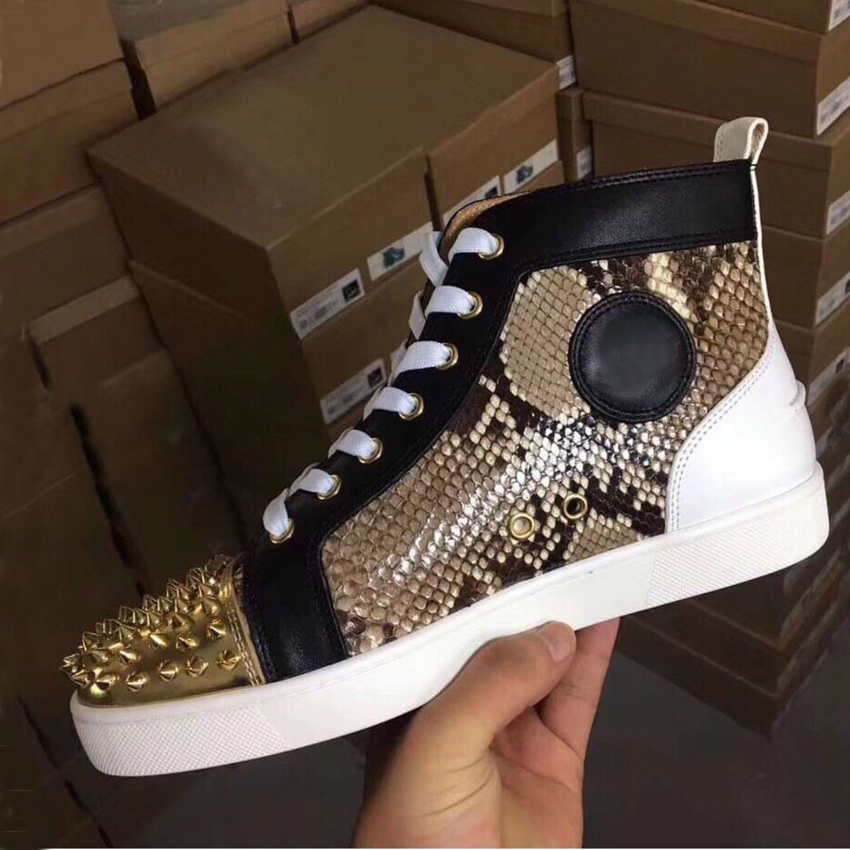 Python Leather High Top Sneakers Shoes Women,Men Red Bottom Casual Party Leisure Flats Famous Red Soles Flats Dress Walking With Box EU35-47, Black
Python Leather High Top Sneakers Shoes Women,Men Red Bottom Casual Party Leisure Flats Famous Red Soles Flats Dress Walking With Box EU35-47, Black
