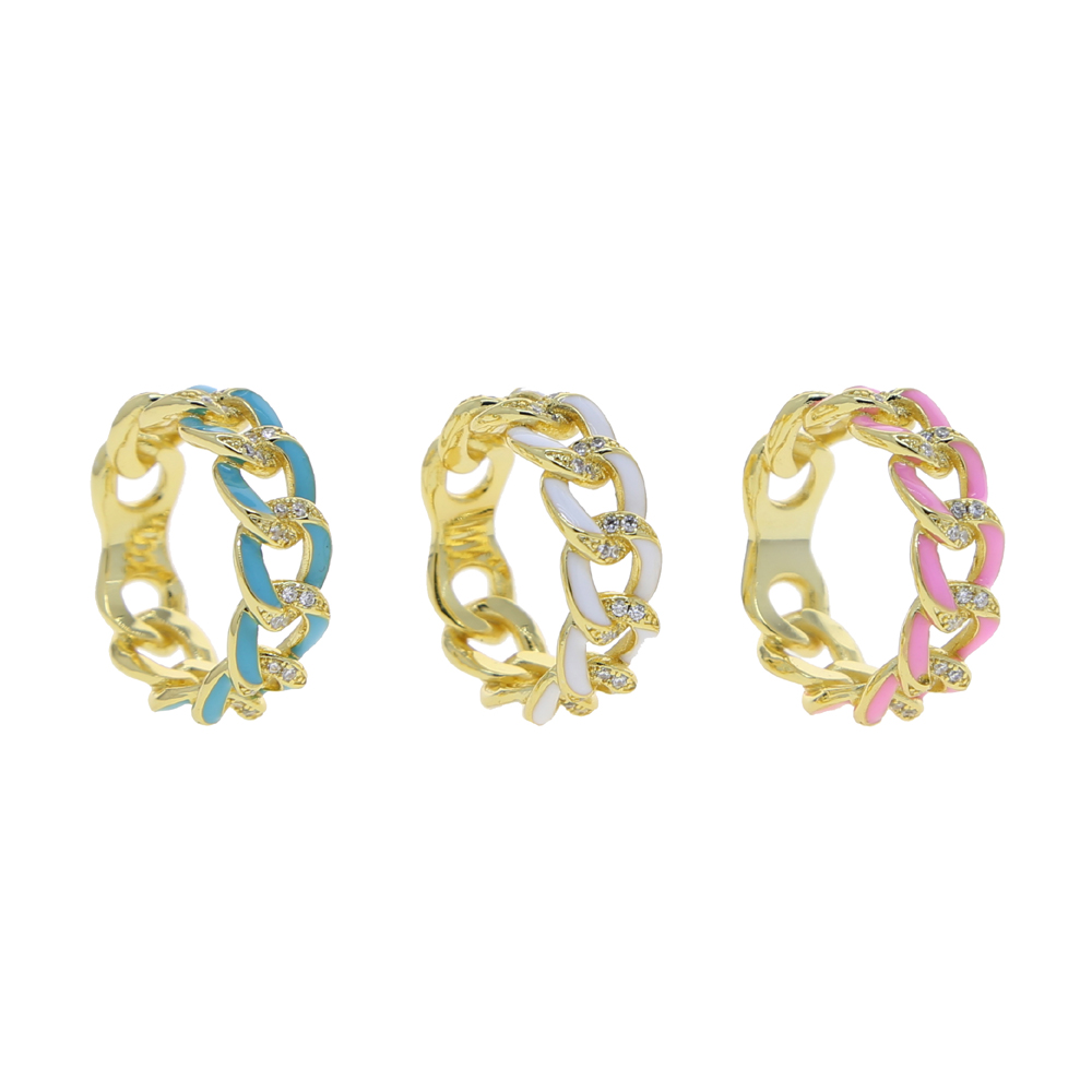 Gold Color Fashion 2024 Women Finger Jewelry Micro Pave White CZ Pink Blue White Enamel Cuban Link Chain Band Ring