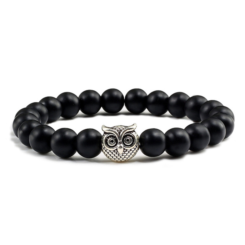 8MM Black Natural Vocanic Rock Owl Beads Bracelets Chakra Lava Stone Men Women Beads Bracelet Strand Strength Bracelet Costume Jewelry