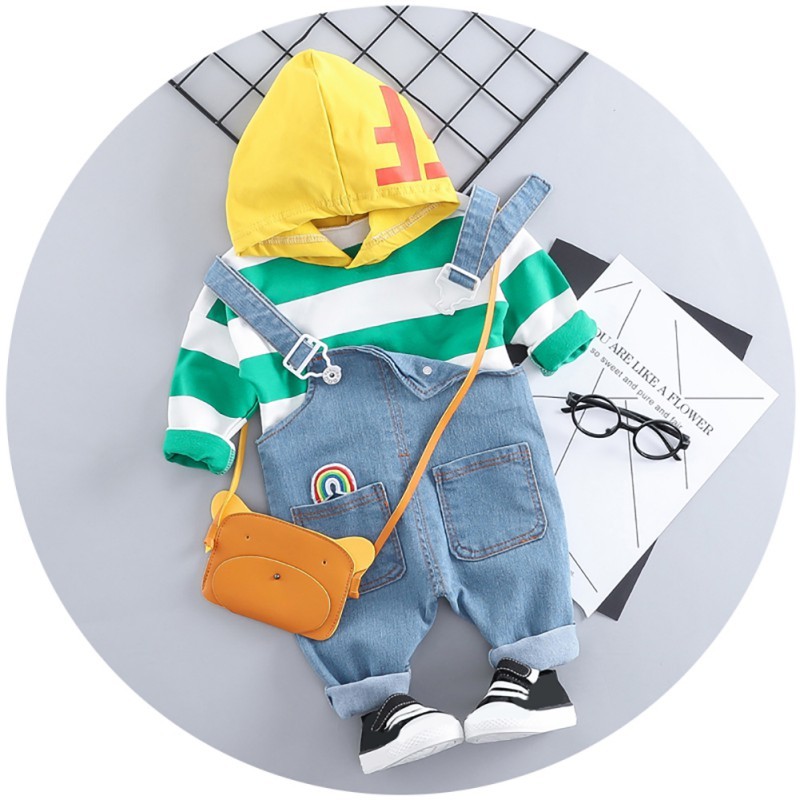 Children Boys Girls Clothing Sets 2020 Spring Autumn Striped T-shirt+Suspender Jeans Kids Clothes Toddler Boys Outfits Y1105