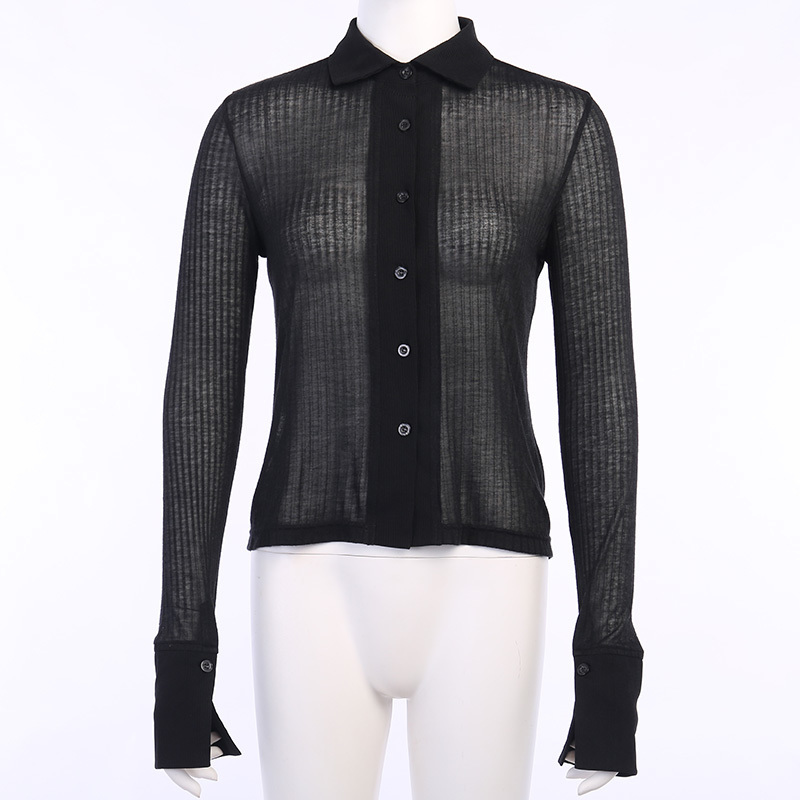 FASHSTREET Sexy New Black Knitted See Through Elastic Blouse Women Turndown Collar Long Sleeve Slim Shirt Party Streetwear 201201