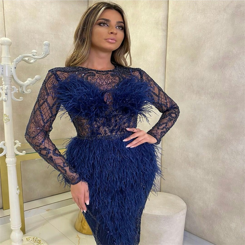 Blue Luxury Evening Dresses Long Sleeves Sequins Beads Feather Mermaid Prom Dresses Custom Made Sexy Illusion Sheer Knee Length Pageant Gown