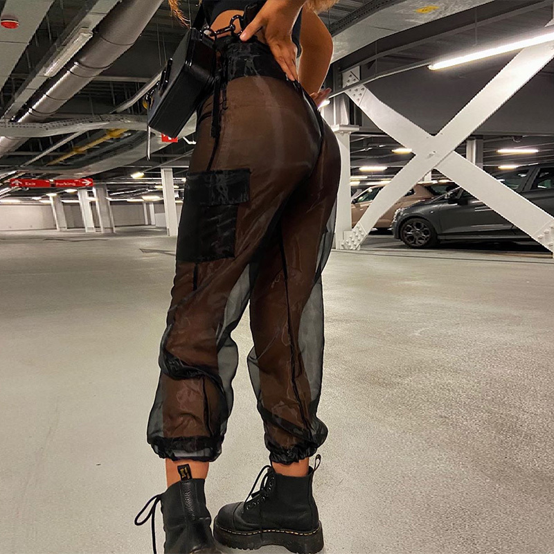 Harajuku Mesh Seethrough Hight Waist Cargo Pants Patchwork Sweatpants Black Fashion Summe Women Transparent New Loose Trousers T200606