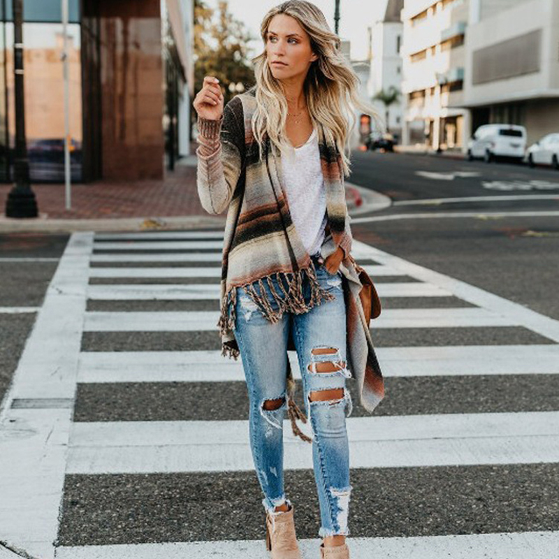 Women's Cardigan Autumn Striped Knitted Casual Coat Female Loose Outerwear Elegant Women Sweaters Winter Shrug Tassel Sweater 201023