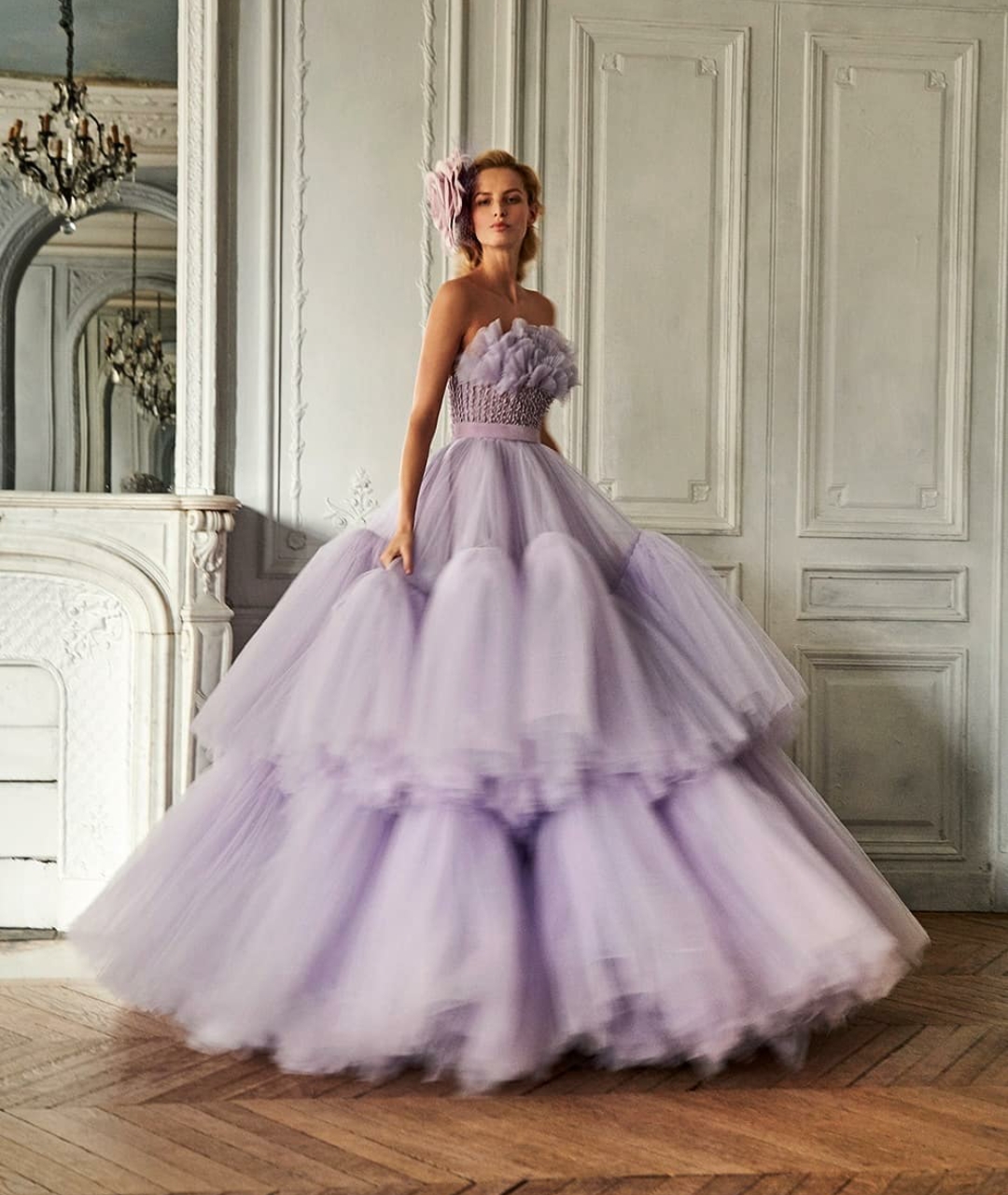 2020 Strapless Lavender Prom Dresses Puffy Tiered Ruffles Tulle Vintage Eveing Gowns Plus Size Long Formal Celebrity Dress