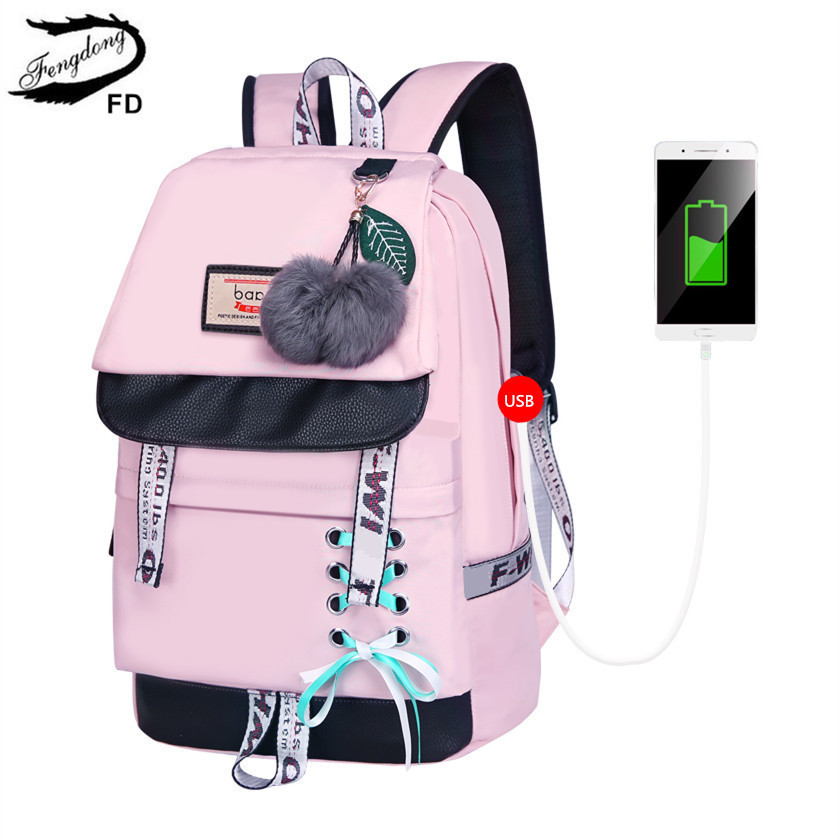 Fengdong fashion black pink waterproof nylon school backpack for girls korean style cute bowknot children bags 201117