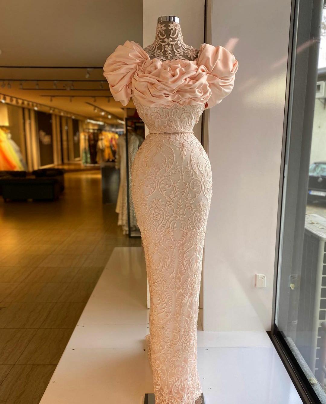 Elegant Sheath Evening Dresses Lace Appliques High Neck Ruffle Cap Sleeve Prom Gowns vestido de novia CG001