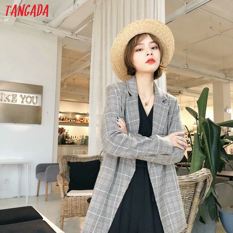 Tangada women vintage plaid blazer with belt female long sleeve elegant jacket ladies work wear blazer formal suits DA12 201201