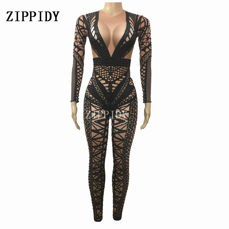 Women's Fashion Black Jumpsuit Costume One-piece Nightclub Dance Bandage Printed Outfit Party Stage Celebrate Wear T200303