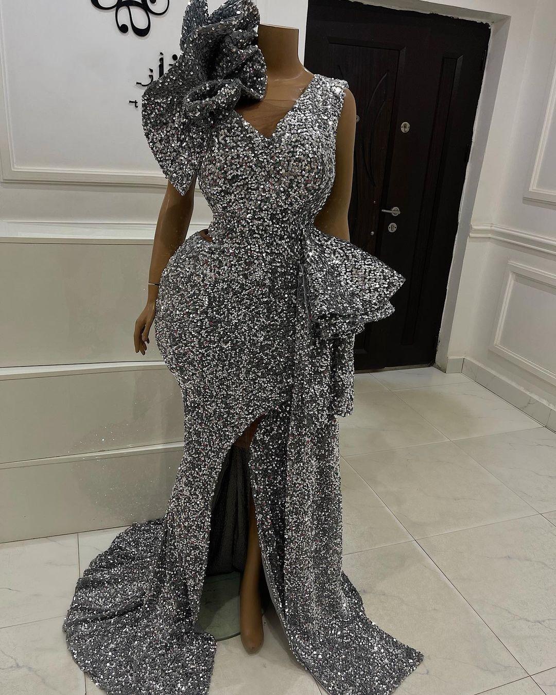 robe de soirée femme Plus Size Evening Dresses For Women Party Sequin Aso Ebi Split Mermaid Prom Gowns Sweep Train