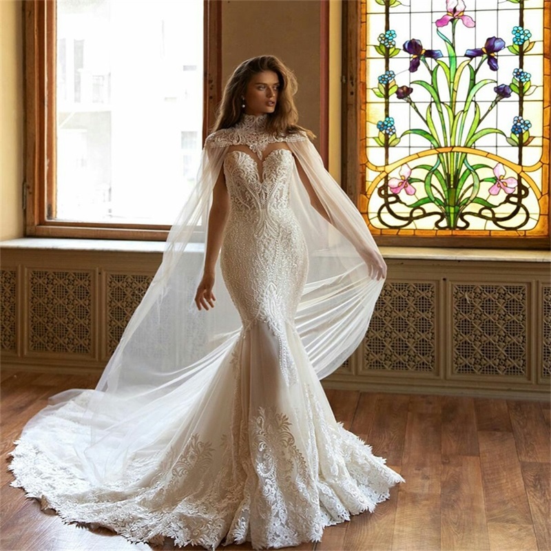 New Arrival Mermaid Wedding Dresses With Wrap High Neck Appliques Lace Bridal Gowns Ruched Sweetheart Sleeveless Vestidos De Novia