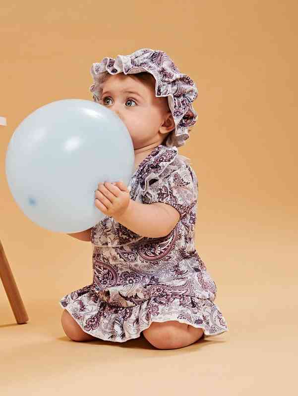 Baby Paisley Print Ruffle Trim Puff Sleeve Smock Dress & Hat SHE