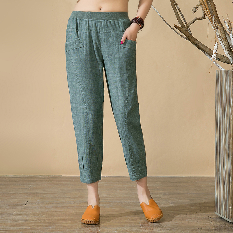 Women Casual Harem Pants Spring Summer Ankle-length Trousers Female Elastic Waist Women Pants Cotton Linen High Waist Pants 4XL 201111