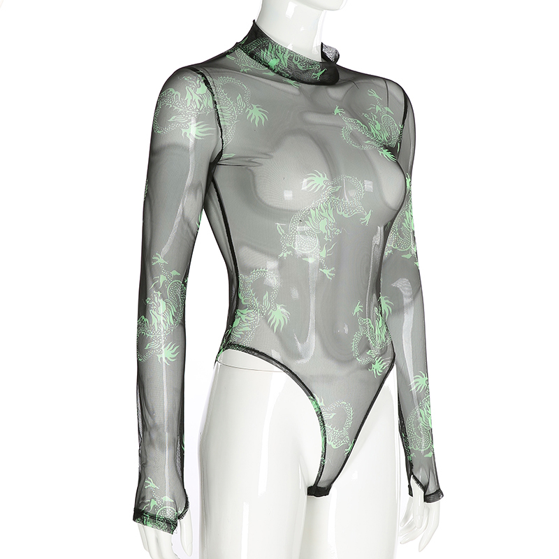 Weekeep Sexy Mesh Perspective Long Sleeve Bodysuit Women Summer Bodycon Dragon Print Streetwear Bodysuits Women 2019 Rompers T200116