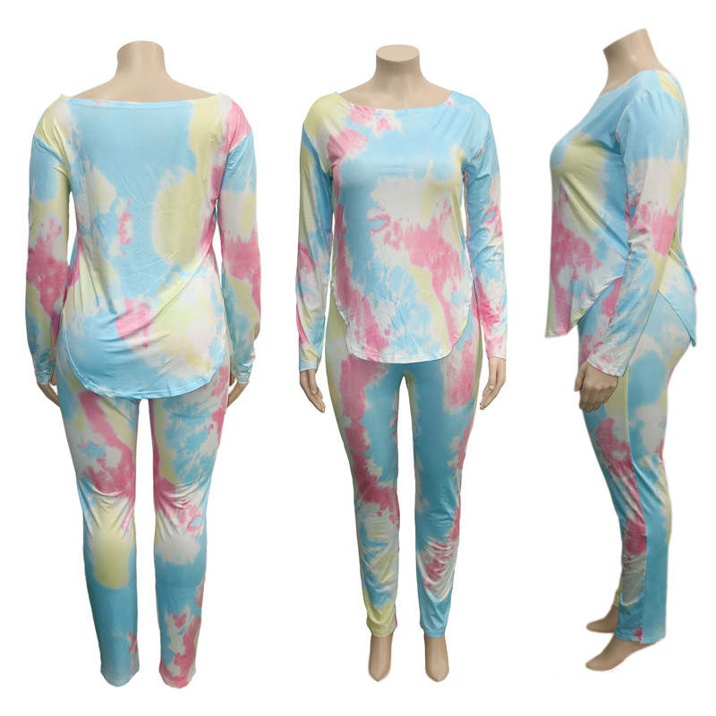 Plus size 3X 4X women bigger size tie dye two piece set fall winter tracksuits pullover sweatshirt+pants casual sportswear sweatsuits 4057