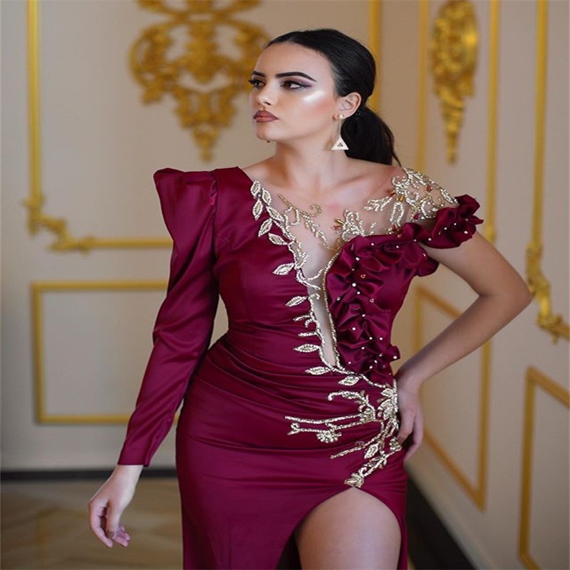 Chic Side-split Mermaid Evening Dresses Appliqued Lace Beads Custom Made Prom Dresses Ruffle Satin Sweep Train Formal Party Dress