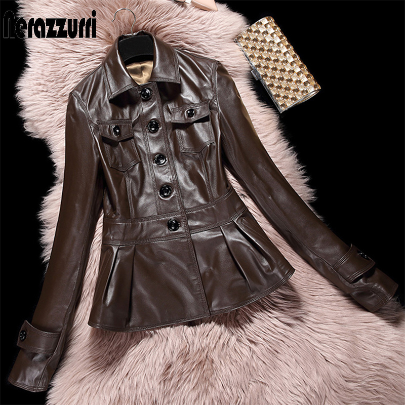 Nerazzurri Black leather trench coat for women with many pockets single breasted buttons long sleeve Plus size slim soft fashion 201030