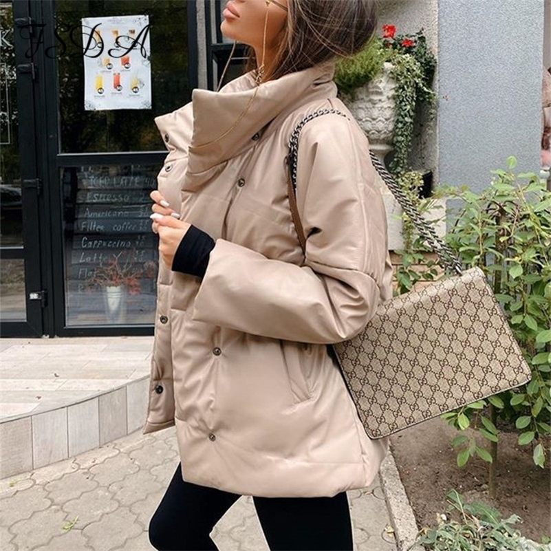 FSDA Autumn Winter Women Coat Jacket Parkas Warm With Belt Casual Loose Pocket Bubble Khaki Sashes Short Jackets Thick Y201001