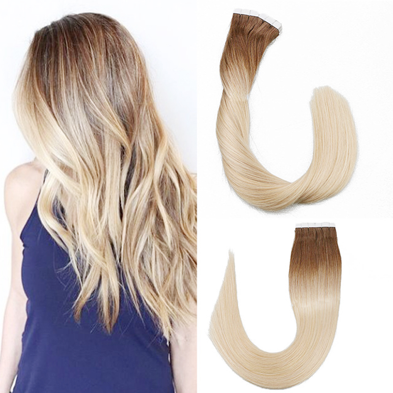 High Quality 100% Virgin Tape In Human Hair Extensions 100g 40 Pcs/pack Total 2pack 20inch ombre #8/#613 color FEDEX shipping