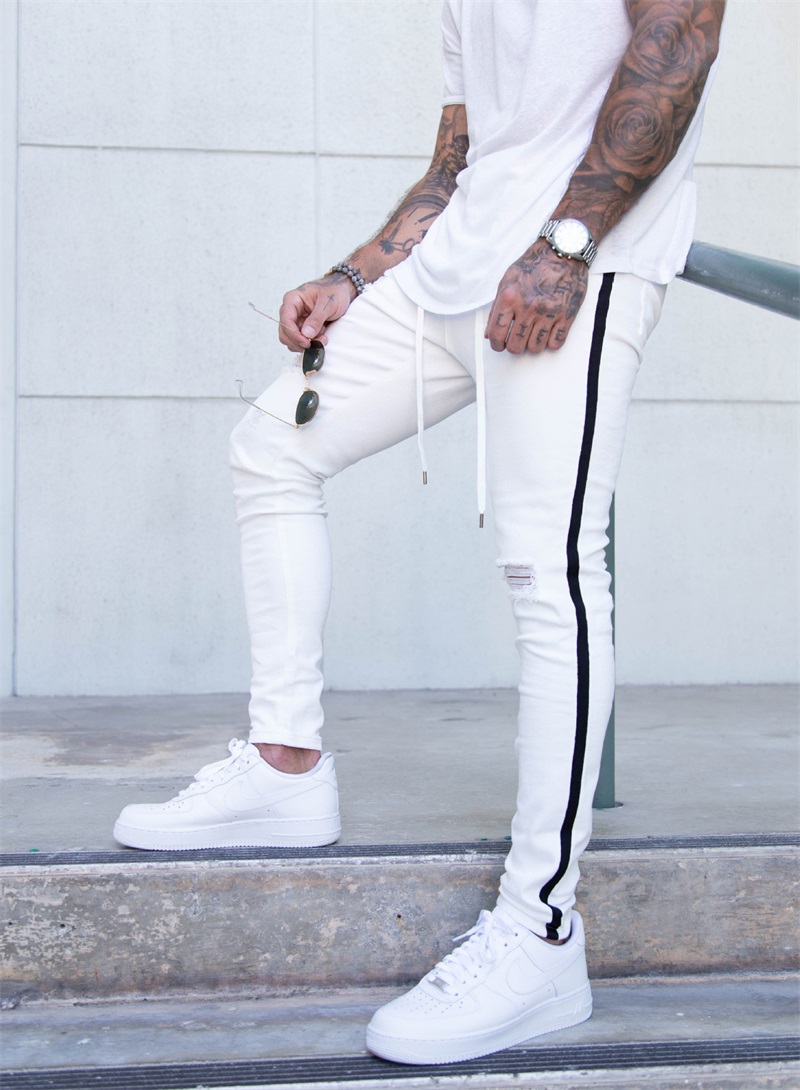 Men's Painted Skinny Slim Fit Straight Ripped Distressed Pleated Knee Patch Denim Pants Stretch Jeans S-3XL