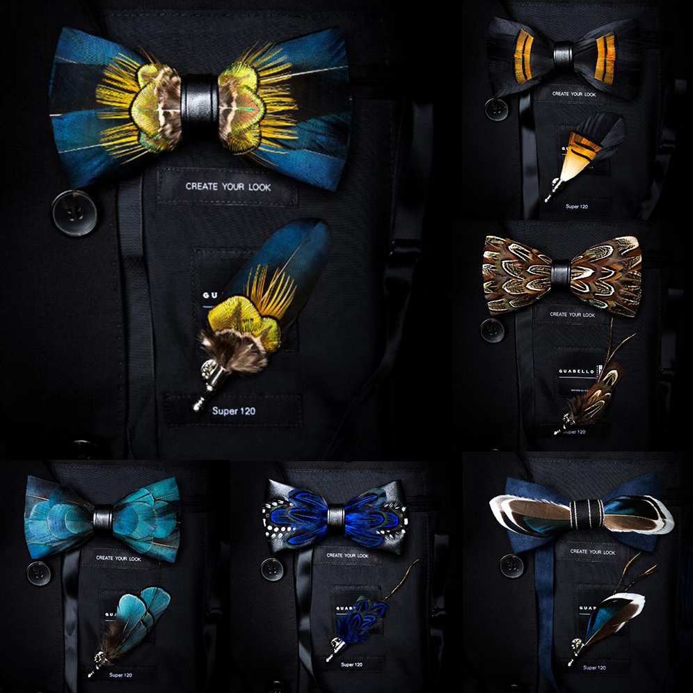 GUSLESON Exquisite Hand made Feather Bow Tie Brooch Pin Set With Gift Box Pre-tied Men Tie Bowtie For Wedding Party 201028