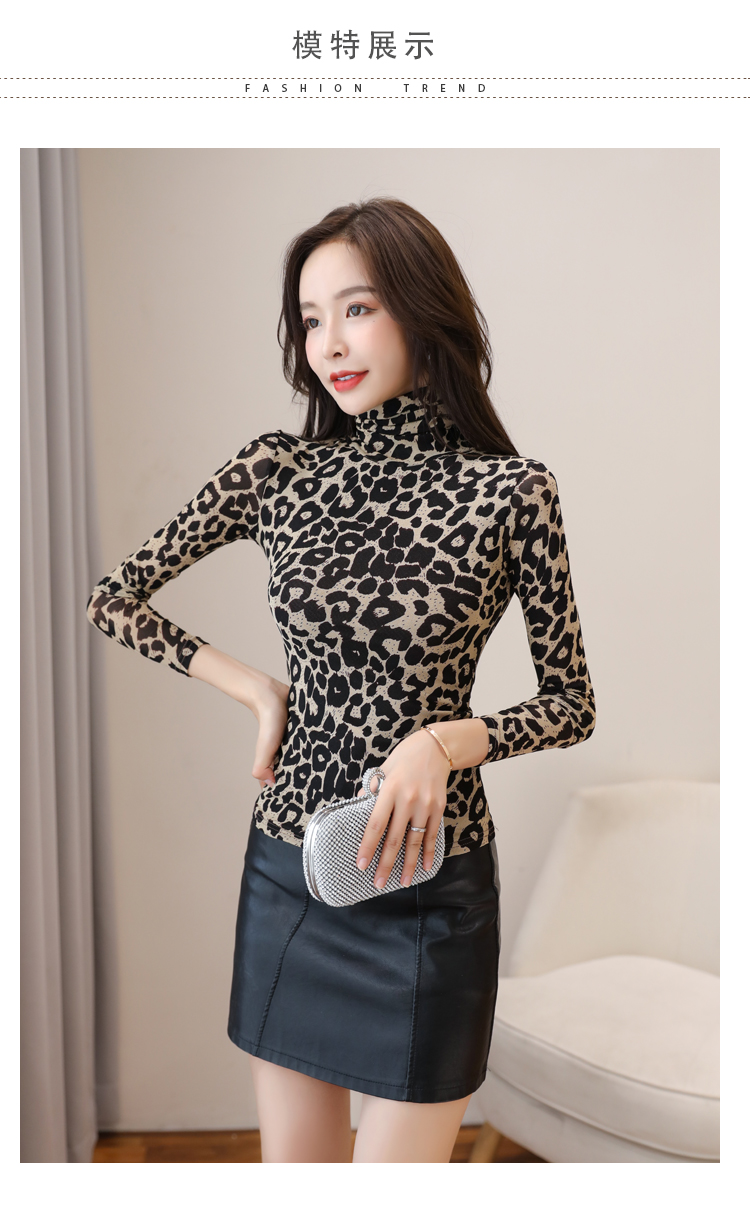 Autumn new womens sexy bodycon gauze leopard print long sleeve turtleneck t-shirt plus size SMLXLXXL3XL