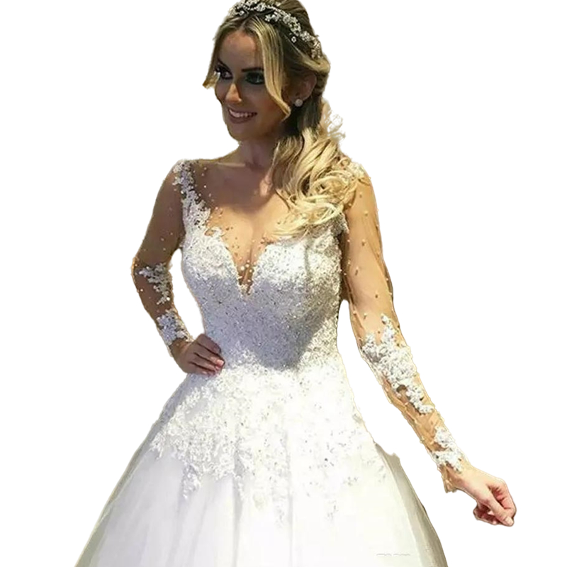 2022 Exquisite Long Sleeves A Line Wedding Dresses Bridal Gowns Sexy Sheer Back Buttons Appliques Lace Pearls Beaded Spring Tulle Garden Bride Dress P