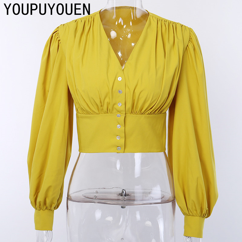 Women Lantern Long Sleeve Blouse Crop Top V-neck Casual Party Elegant Shirt Woman Fashion Clothes Summer Yellow Short Blouses 201201