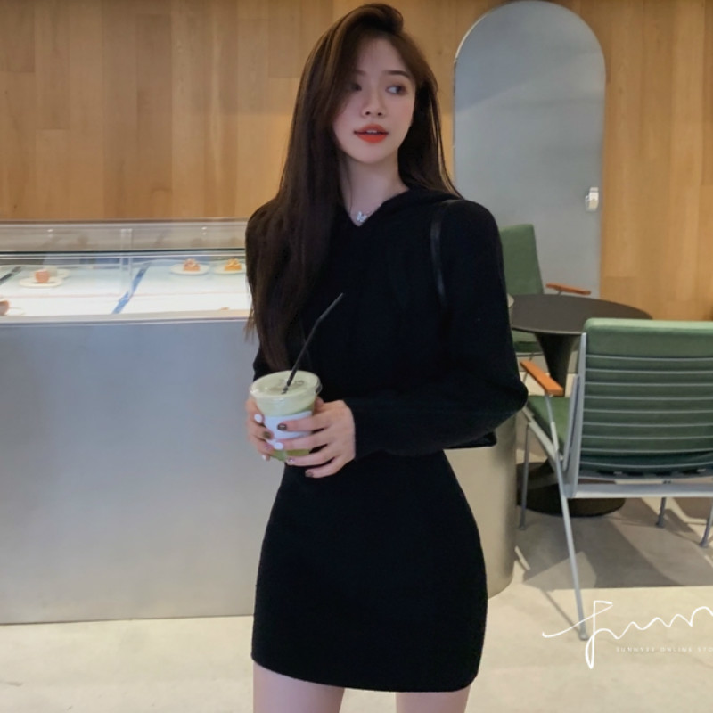 Mini Sweater Dress Women's Hood Casual Long Sleeve Office Knitted Dress Female Elegant One-piece Dress Korean Autumn Winter 201125