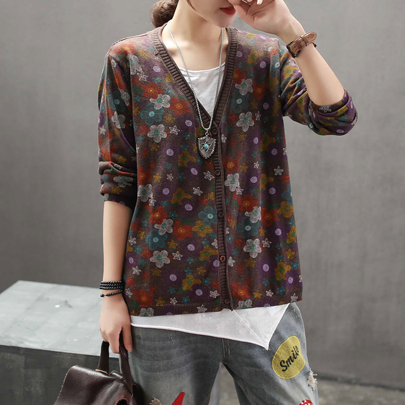 new spring sweater women's shirt long-sleeved cardigan single-breasted printed sweater retro art 201023