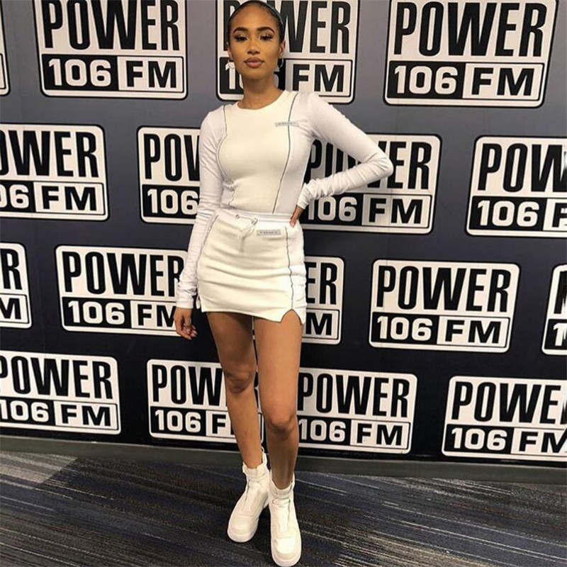 Fashion Reflective Casual Striped Two Piece Outfits Women Long Sleeve Top And Mini Skirt Sets Autumn White Set New T200325