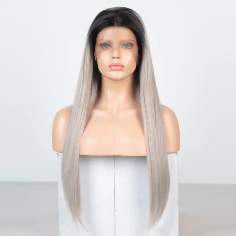 Ombre Silver Grey Wig Long Straight Hair Synthetic Lace Front Wig Heat Resistant Fiber Hair Cosplay Wigs for Women