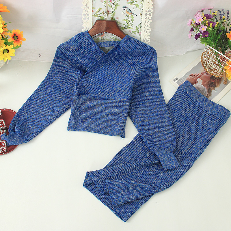 Ly Varey Lin Women Sexy Vneck Knitted Skirt Suits Autumn Winter Batwing Sleeve 2 Pieces Elegant Office Lady Knitting Suit Set 201102