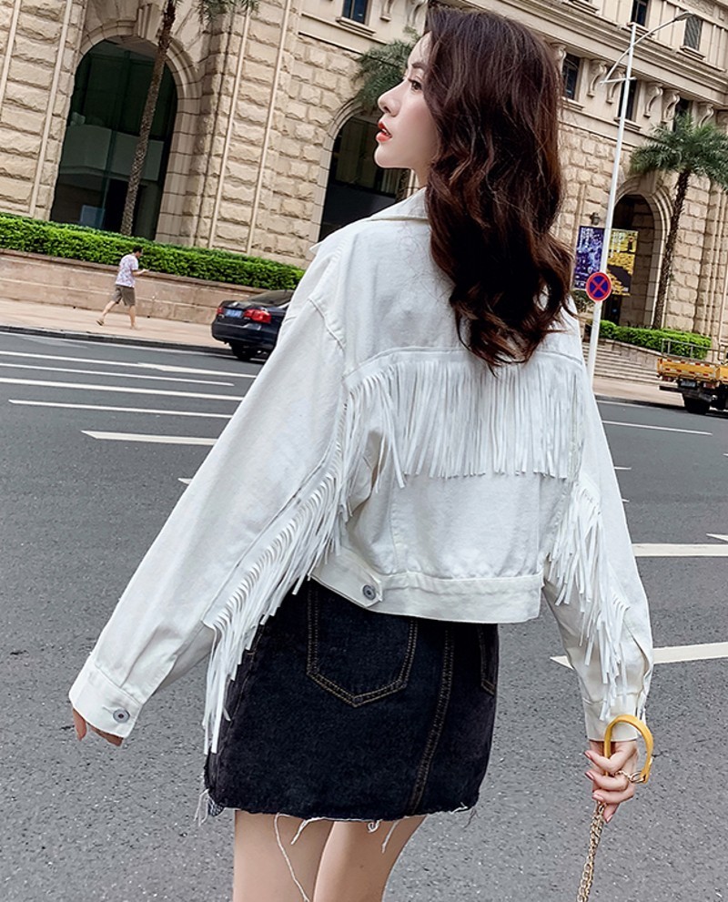 Fashion Trend Cowboy Clothing Women Back Fringe Tassel Denim Top Short Lapel Long Sleeve Casual Coat Cowboy Jacket 201017