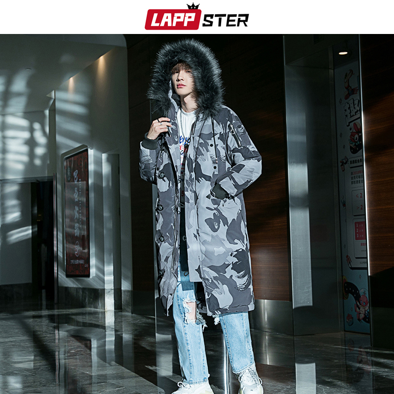 LAPPSTER Camo Winter Long Coat Men Thick Warm Camouflage Puffer Jacket Japanese Streetwear Fur Hooded Winter Jacket Plus Size 201128