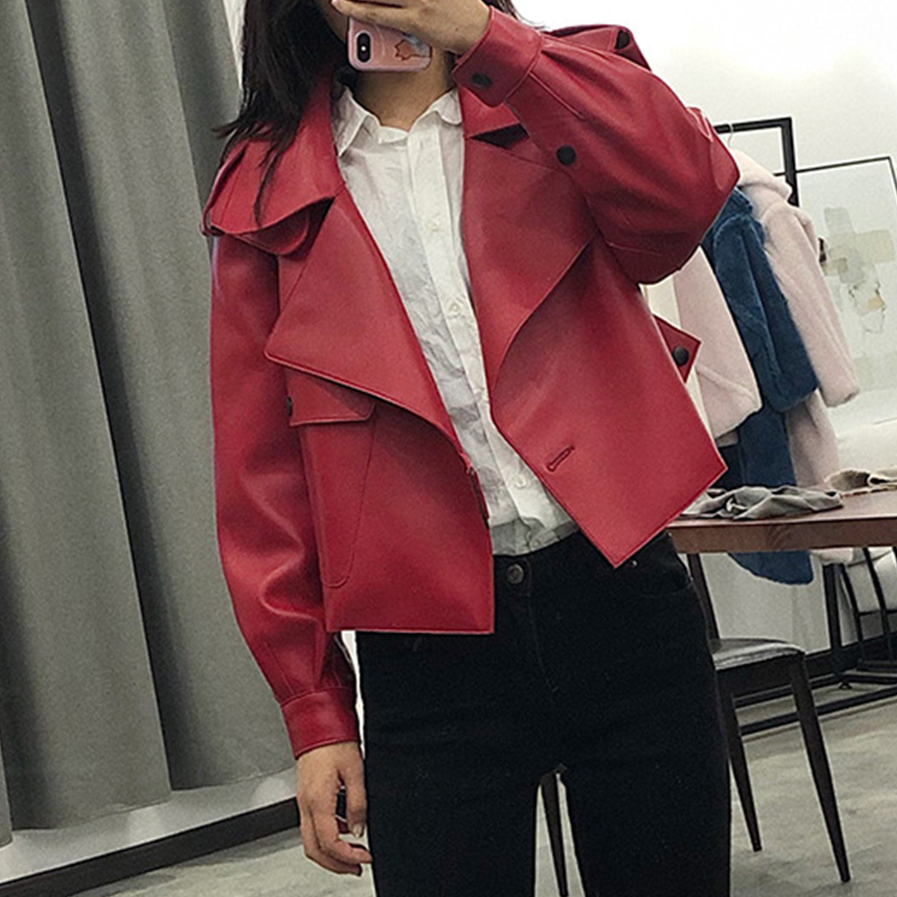 Black Short Loose Pu Leather Jacket Autumn Winter Soft Faux Leather Jacket Street Casual Outwear Ladies Biker Jacket Oversized 201030