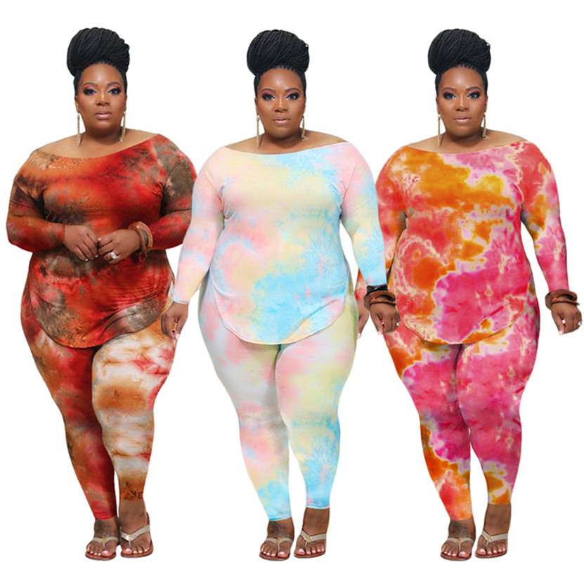 Plus size 3X 4X women bigger size tie dye two piece set fall winter tracksuits pullover sweatshirt+pants casual sportswear sweatsuits 4057