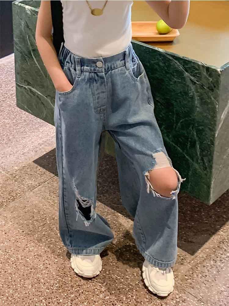 Jeans Girls Denim Wide-leg Pants 2021 Spring Autumn Loose Girl Bell Bottom Broken Hole Kids