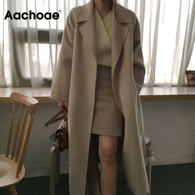 Aachoae Women Elegant Long Wool Coat With Belt Solid Color Long Sleeve Chic Outerwear Ladies Overcoat Autumn Winter 201112
