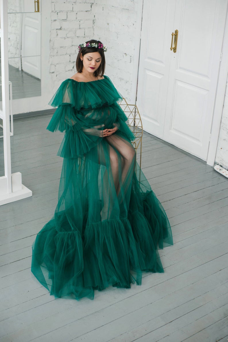 Dark Green Tulle Ladies Ruffles Bathrobe Sleepwear Bridal Long Nightgowns Women Birthday Party Wedding Gowns Shower Robes