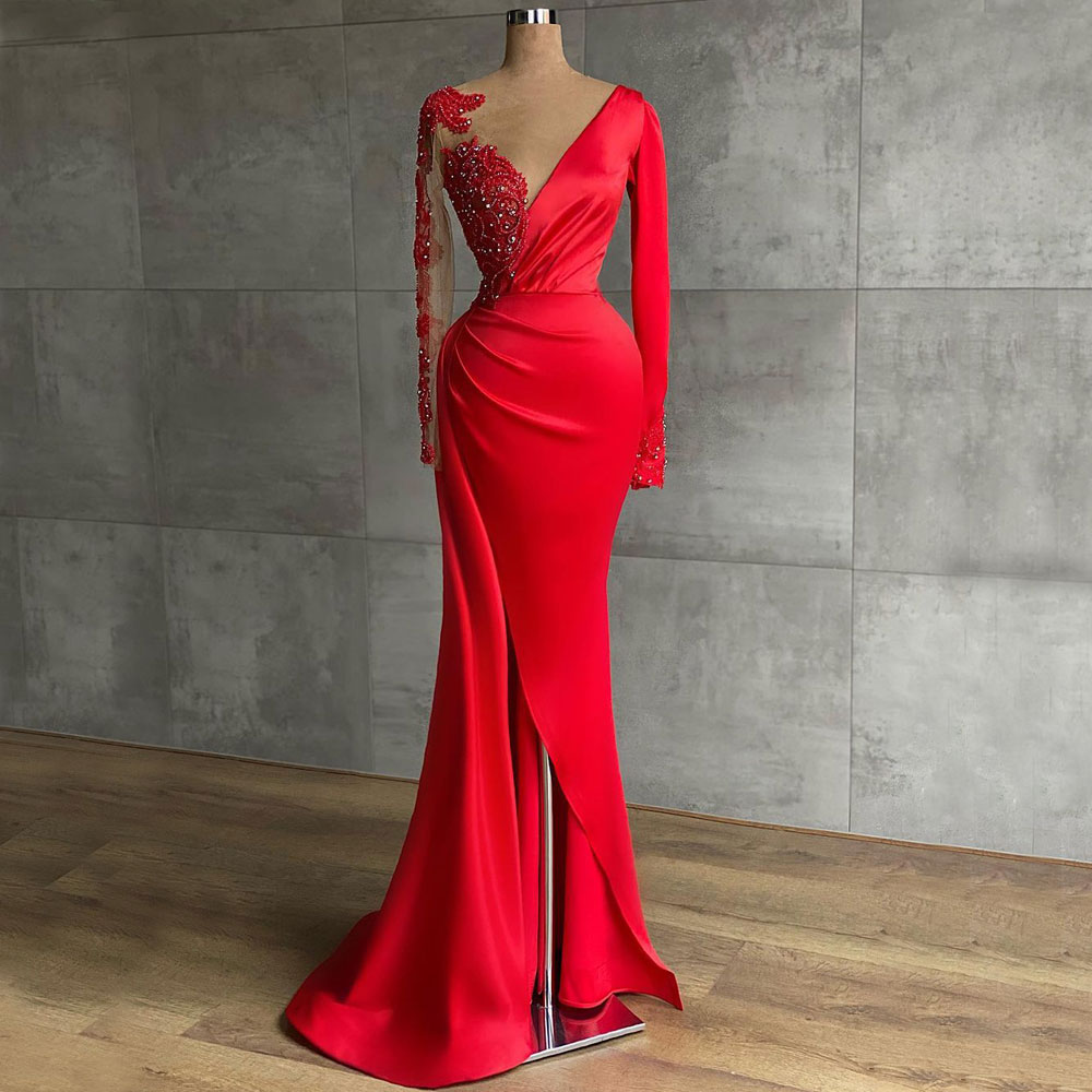 Red Beaded Mermaid Prom Dresses Jewel Neck Long Sleeves Side Split Evening Gowns Sweep Train Satin Formal Dress, Hunter green
Red Beaded Mermaid Prom Dresses Jewel Neck Long Sleeves Side Split Evening Gowns Sweep Train Satin Formal Dress, Hunter green