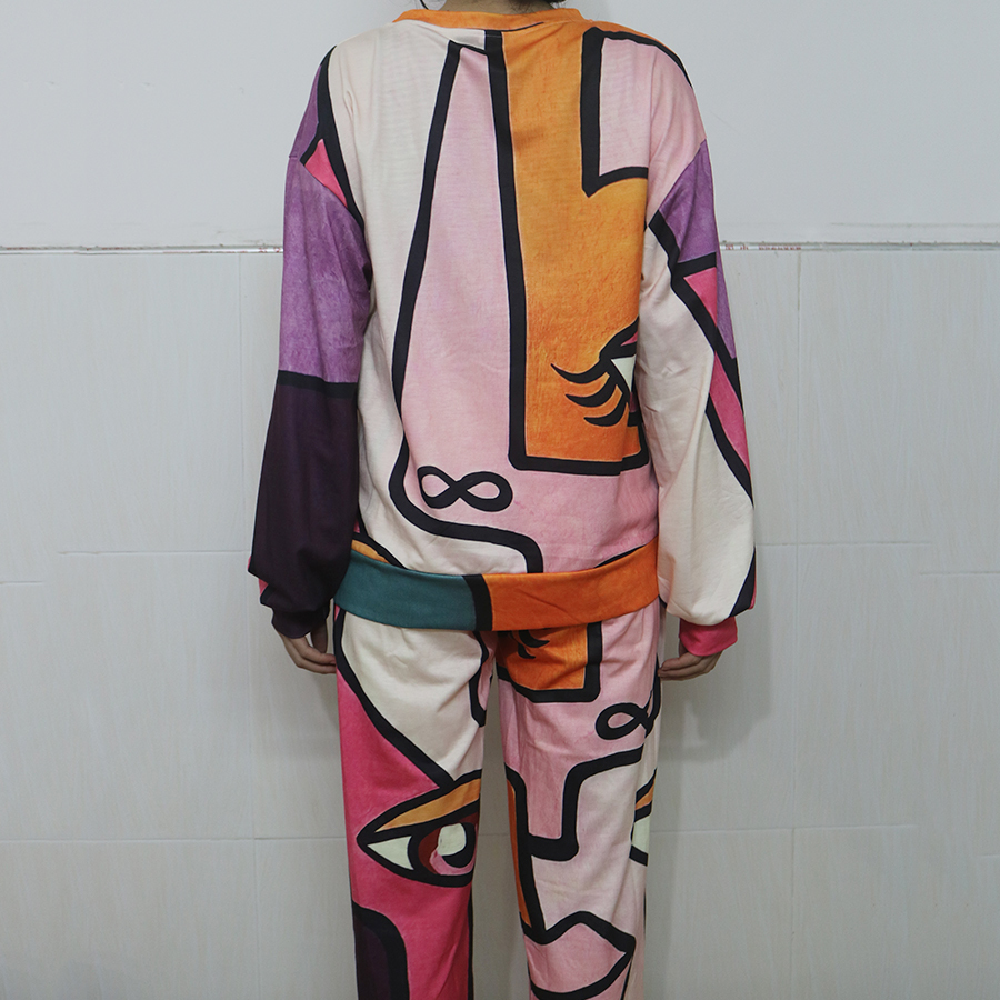 Pink Face Eyes Hip Hop Thin Sweatshirt Pants Suit 2 Piece Set Women Tracksuit New Autumn Tops Loose Casual Girls Plus Size 3XL 201119
